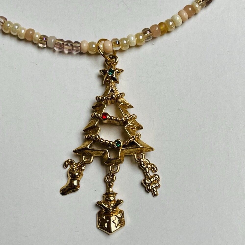 Gold Tone Multicolor Rhinestone Christmas Tree Pendant Beaded Necklace Handmade